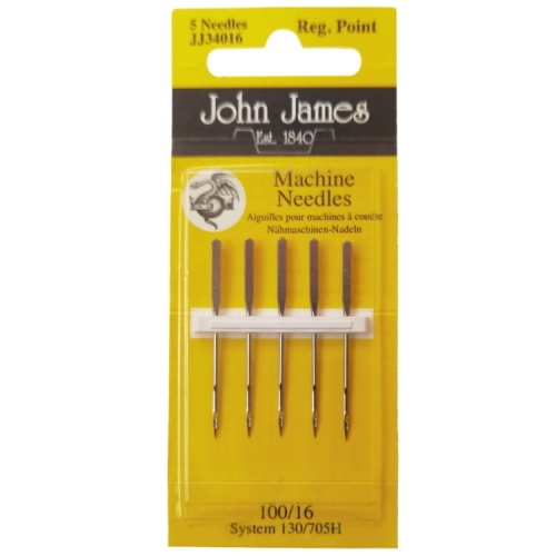 Igły półpłaskie 130/705H w opakowaniu 5 sztuk, z brązowymi uchwytami. Prosta, żółta etykieta z logo John James, widoczne napisy Machine Needles oraz 100/16. Produkt umieszczony w przezroczystym, plastikowym opakowaniu.
