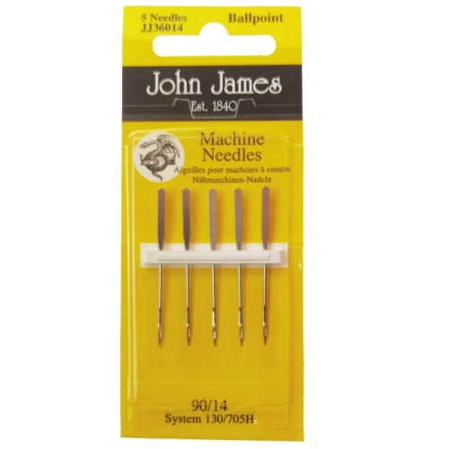 Igły półpłaskie John James 130/705H do stretchu w opakowaniu zawierającym 5 sztuk. Igły mają cienkie, zaokrąglone końcówki i są umieszczone na białym tle. Opakowanie w kolorze żółtym z napisem Machine Needles i logo producenta.