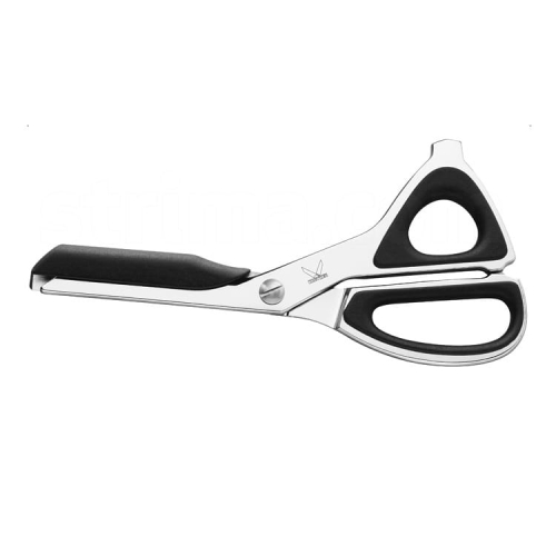 Nożyczki Kretzer SAFETY BOY 124900 o długości 24 cm, z metalowymi ostrzami i ergonomicznymi, czarnymi uchwytami. Ujęcie z boku, pokazujące kształt i detale rękojeści. Idealne do zadań specjalnych, zaprojektowane z myślą o bezpieczeństwie.