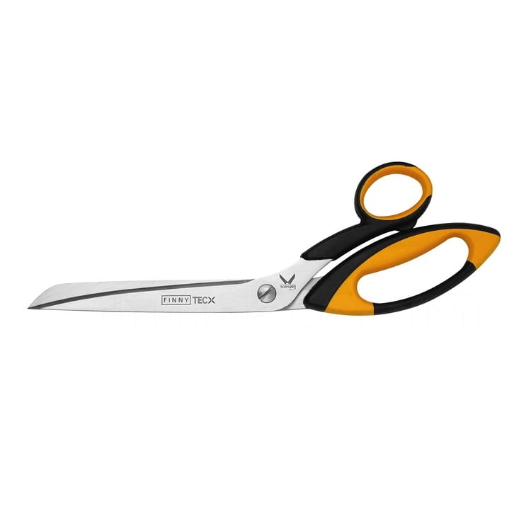 Nożyce krawieckie Kretzer FINNY TEC X 734530 o długości 30 cm, z ostrzami ze stali, z ergonomicznymi, czarno-żółtymi uchwytami. Ujęcie z boku, ukazujące gładką krawędź tnącą oraz logo producenta.