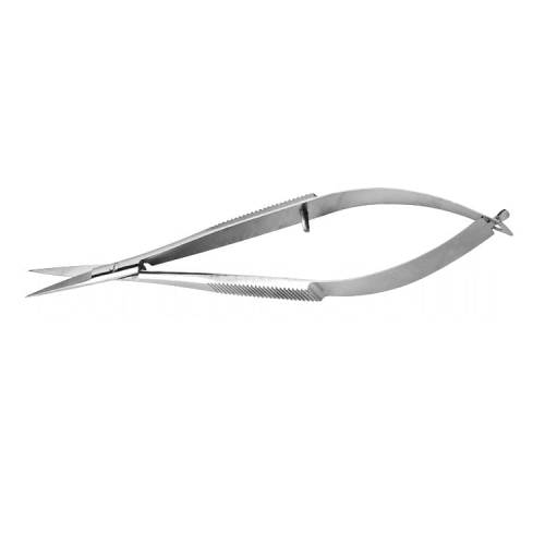 Nożyczki do precyzyjnego cięcia Kretzer ECO CLASSIC 910211 o długości 11 cm, wykonane ze stali nierdzewnej. Mają smukłe, ostre ostrza i ergonomiczną rączkę z teksturowanym uchwytem, idealne do precyzyjnych prac. Ułożone w pozycji otwartej na białym tle.