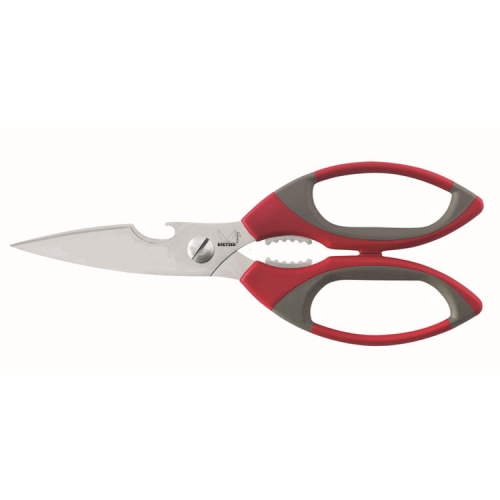 Nożyczki Kretzer Zipzap/Finny Hobby 781620 o długości 20 cm, z ostrzami ze stali nierdzewnej. Ergonomiczne uchwyty w kolorze czerwono-szarym, z dodatkowymi funkcjami, takimi jak ząbkowane ostrze i otwieracz do butelek.