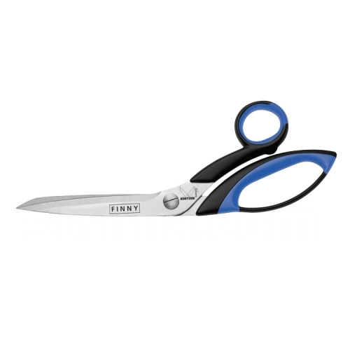 Nożyczki krawieckie Kretzer Finny Profi 772024 o długości 24 cm, z ostrzami ze stali nierdzewnej, czarną i niebieską rączką ergonomicznie zaprojektowaną dla komfortu użytkowania, widoczne logo „FINNY” na ostrzu.