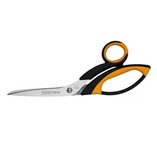 Nożyce krawieckie Kretzer FINNY TEC X 732020 o długości 20 cm. Ostrza ze stali nierdzewnej, z ergonomicznymi uchwytami w czarnym i pomarańczowym kolorze. Ujęcie frontalne, prezentujące pełny kształt nożyczek.