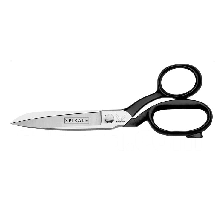 Nożyczki krawieckie Kretzer Spirale Classic 114520 o długości 20 cm z ostrzem ze stali nierdzewnej i czarnymi, ergonomicznymi uchwytami. Widoczne logo „SPIRALE” oraz „KRETZER” na ostrzu. Ujęcie frontalne, nożyczki stoją w pozycji otwartej.