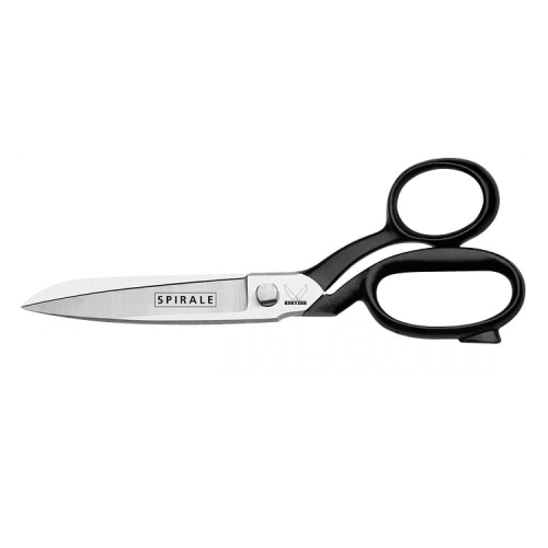 Nożyczki krawieckie Kretzer Spirale Classic 114523 o długości 23 cm, z ostrzami ze stali nierdzewnej i ergonomicznymi, czarnymi uchwytami. Ujęcie z boku, pokazujące wyraźnie logo SPIRALE oraz elementy mocujące.