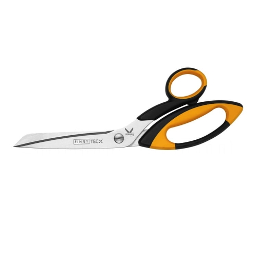 Nożyce krawieckie Kretzer FINNY TEC X 734525 o długości 25 cm, z metalowym ostrzem i ergonomicznymi uchwytami w kolorze czarnym i pomarańczowym, ukazane z boku, stojące na białym tle.