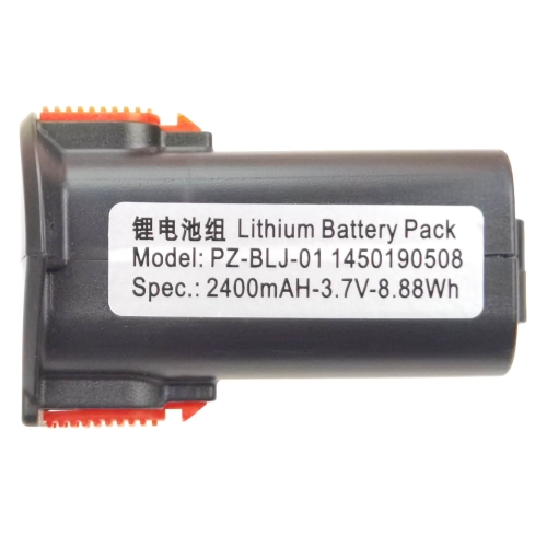 Akumulator litowo-jonowy do noża tarczowego, model PZ-BLJ-01, pojemność 2400mAh, napięcie 3.7V, z wyraźnym oznaczeniem na obudowie. Ujęcie z boku, z widocznym czerwonym mocowaniem i etykietą z danymi technicznymi.