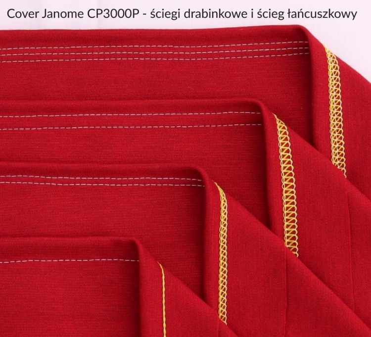 Renderka Janome CP3000P w kolorze czerwonym, prezentująca ściegi drabinkowe i łańcuszkowy w detalach. Ujęcie z góry na rozłożone fragmenty materiału z wyraźnymi, białymi i żółtymi szwami.