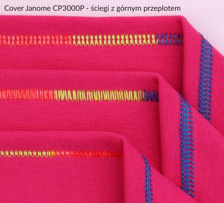 Renderka Janome CP3000P z widocznymi ściegami na różowym materiale. Na zdjęciu trzy różne ściegi z górnym przeplotem w kolorach: pomarańczowym, żółtym i niebieskim, ukazujące różnorodność wzorów i technik szycia.