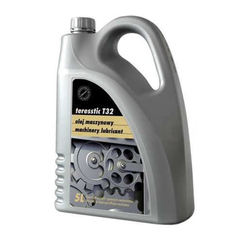 Olej do maszyn szybkoobrotowych TERESSTIC T32 w pojemniku 5l. Szary, plastikowy kanister z ergonomiczną rączką. Widoczne napisy: teresstic T32, olej maszynowy, machinery lubricant oraz informacja o pojemności. Z tyłu wizerunek zębatki.