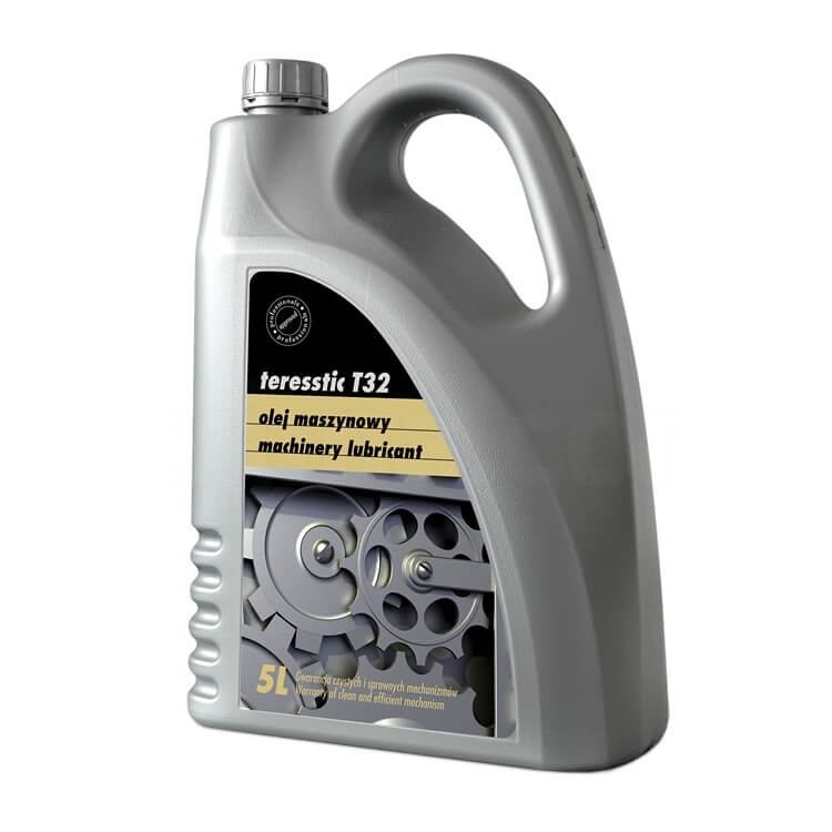 Olej do maszyn szybkoobrotowych TERESSTIC T32 w pojemniku 5l. Szary, plastikowy kanister z ergonomiczną rączką. Widoczne napisy: teresstic T32, olej maszynowy, machinery lubricant oraz informacja o pojemności. Z tyłu wizerunek zębatki.