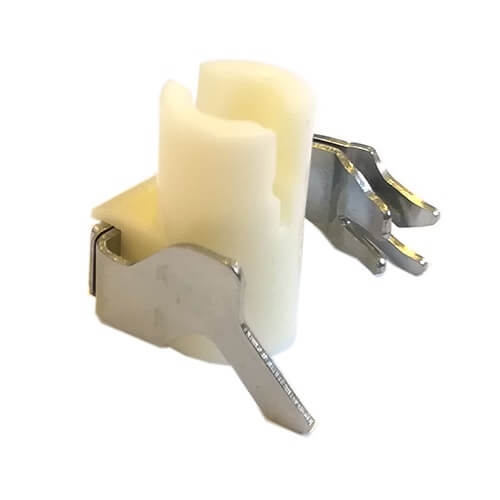 Nawlekacz igły do maszyn Juki serii 350 i HD, z białego plastiku oraz metalowymi elementami. Produkt ma kształt cylindryczny z dwoma uchwytami do mocowania igły, widoczny z boku. Idealny do ułatwienia nawlekania igły.
