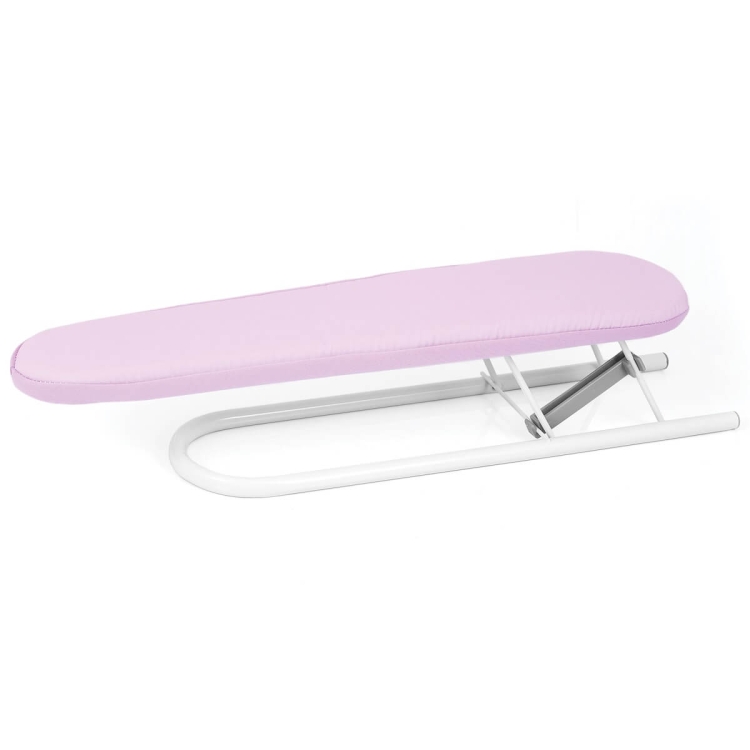 Rękawowy prasulec TEXI SLEEVE BUCK o długości 52 cm, z różowym pokryciem, na białej metalowej podstawie. Produkt leży poziomo, z widoczną prostokątną powierzchnią do prasowania, idealny do wygodnego prasowania rękawów i innych wąskich elementów odzieży.
