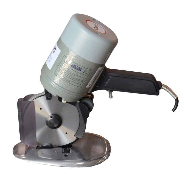 Nóż tarczowy KRAFFT KF-125 z silnikiem 350W i tarczą o średnicy 125 mm. Produkt w pozycji stojącej, z metalową podstawą i szarym korpusem. Widoczna rękojeść z uchwytem oraz osłona tarczy. Brak dodatkowych akcesoriów w tle.