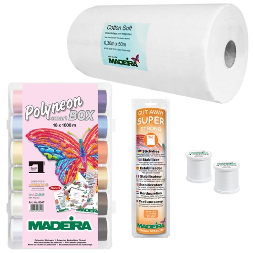 Zestaw startowy Madeira do haftu - wersja M zawiera 18 kolorowych szpulek nici Polyeon (1000 m każda), stabilizator Cotton Soft (0,30 m x 50 m) oraz dwa białe szpulki. Elementy są zaprezentowane na jasnym tle, co podkreśla ich szczegóły.