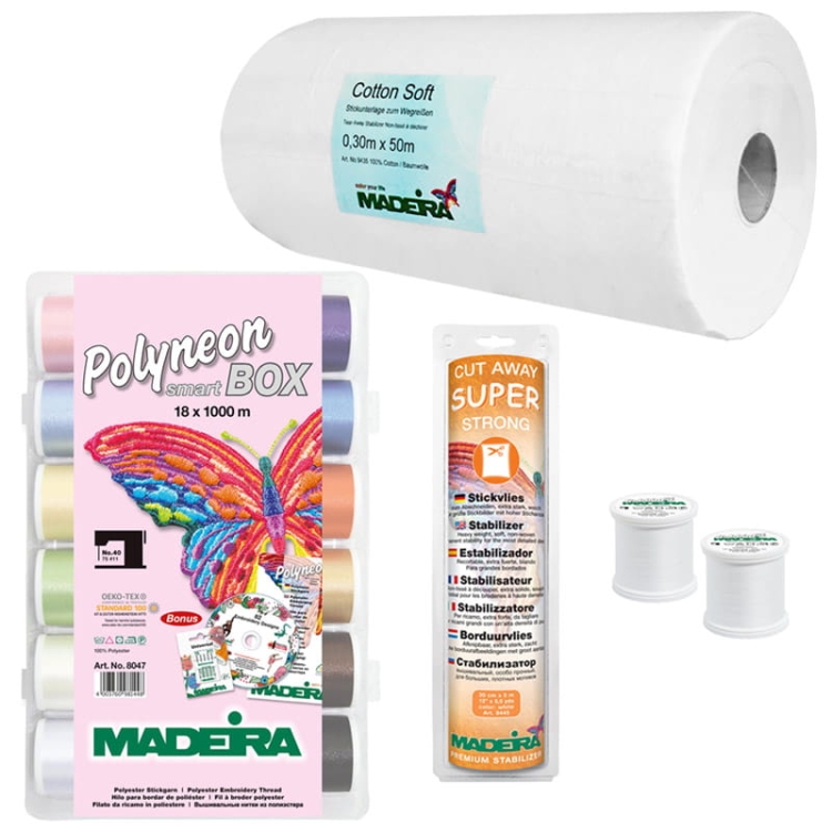 Zestaw startowy Madeira do haftu - wersja M zawiera 18 kolorowych szpulek nici Polyeon (1000 m każda), stabilizator Cotton Soft (0,30 m x 50 m) oraz dwa białe szpulki. Elementy są zaprezentowane na jasnym tle, co podkreśla ich szczegóły.