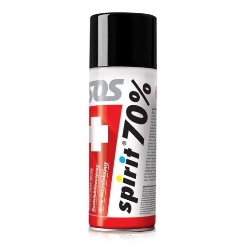 Spray dezynfekujący 400 ml Spirit 70% na bazie alkoholu, z czerwono-białym opakowaniem. Widoczna etykieta z napisem spirit 70% oraz logo. Pozycja stojąca, matowy i błyszczący element pokrywy. Tło proste, jednolite.