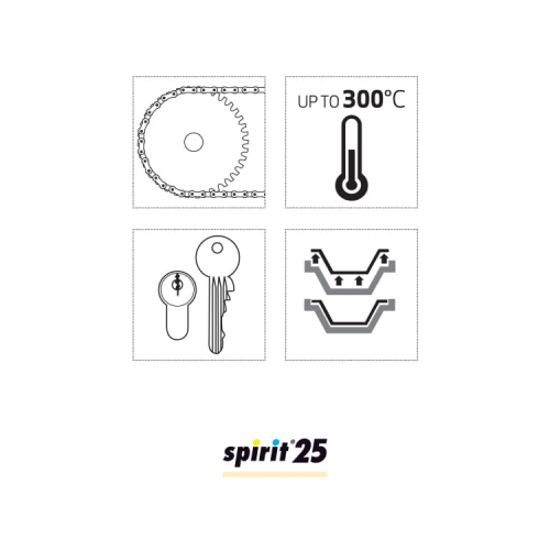 Smar suchy spray 400ml Spirit 25, grafiki przedstawiające zastosowanie: smarowanie łańcucha, odporność na temperatury do 300°C, klucze oraz schemat uszczelnienia. Widoczne logo Spirit 25 na dole.