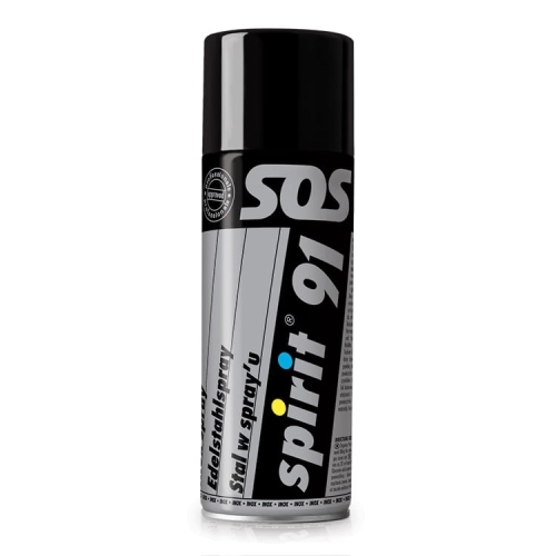 Spray stal nierdzewna 400 ml Spirit 91 w aluminiowej butelce, z czarną pokrywką. Widoczny napis SOS na górze, a poniżej spirit 91 w kolorach niebieskim i żółtym oraz Stal w spray''u w języku polskim. Butelka z etykietą na szarym tle.