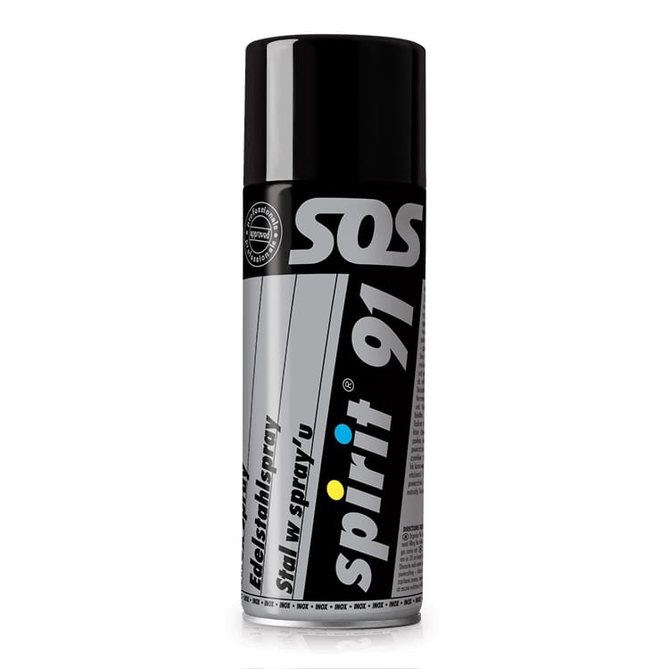 Spray stal nierdzewna 400 ml Spirit 91 w aluminiowej butelce, z czarną pokrywką. Widoczny napis SOS na górze, a poniżej spirit 91 w kolorach niebieskim i żółtym oraz Stal w spray''u w języku polskim. Butelka z etykietą na szarym tle.