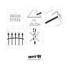 Spray do stali nierdzewnej 400 ml Spirit 91, z widocznymi ikonami: INOX STEEL, kuchnia z garnkami, znak zakazu dla cieczy, ogrodzenie, oraz logo marki. Prosty, graficzny układ na białym tle.