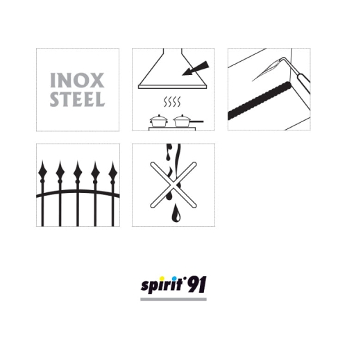 Spray do stali nierdzewnej 400 ml Spirit 91, z widocznymi ikonami: INOX STEEL, kuchnia z garnkami, znak zakazu dla cieczy, ogrodzenie, oraz logo marki. Prosty, graficzny układ na białym tle.