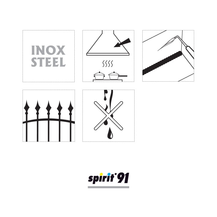 Spray do stali nierdzewnej 400 ml Spirit 91, z widocznymi ikonami: INOX STEEL, kuchnia z garnkami, znak zakazu dla cieczy, ogrodzenie, oraz logo marki. Prosty, graficzny układ na białym tle.