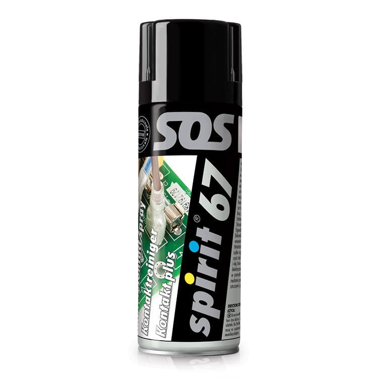 Środek czyszczący styki elektryczne w sprayu 400ml. Pojemnik z czarną etykietą zawierającą napis spirit 67 oraz ilustrację z elektrycznymi stykami. Produkt w pionowej pozycji, z widocznym logo marki. Tło proste, białe.