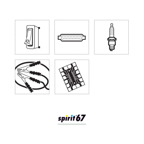 Środek czyszczący styki elektryczne w sprayu 400 ml Spirit 67. Na grafice przedstawione są ikony: włącznik, złącze, świeca zapłonowa, kable rozruchowe oraz układ scalony, na białym tle z logo Spirit 67.