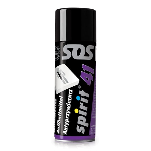 Antyprzywieracz spray 400ml Spirit 41 bez silikonu w czarnej butelce, z kolorowym logo na białym tle. Produkt ułatwia wyjmowanie potraw z form. Kąt ujęcia frontalny, butelka stoi na płaskiej powierzchni.