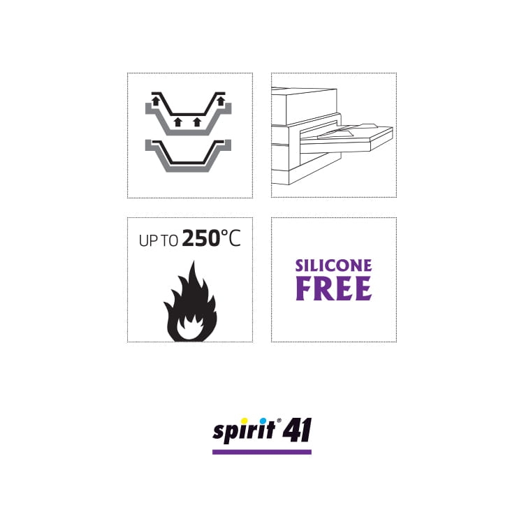 Antyprzywieracz spray 400ml Spirit 41 bez silikonu, z ikonami: maksymalna temperatura 250°C, ułatwiający wyjmowanie produktów z form, z logo Spirit 41 w kolorze.