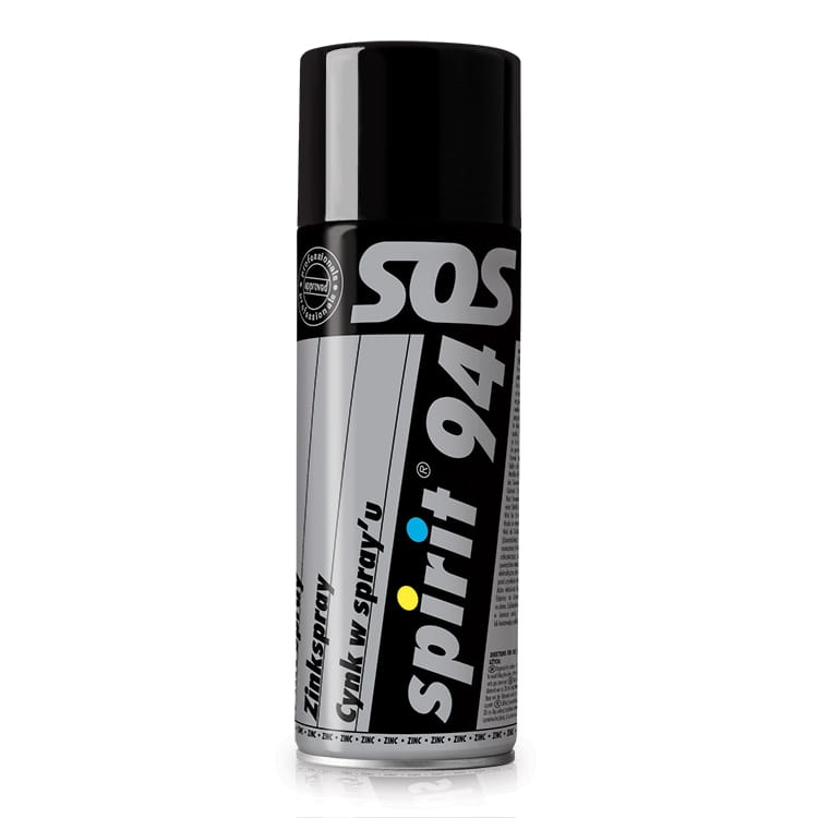 Cynk spray 400ml Spirit 94 w metalowej puszce z czarnym i srebrnym nadrukiem. Widoczne napisy Cynk spray oraz spirit 94. Puszka stojąca, z zakrętką na górze, idealna do ochrony przed korozją. Tło proste, białe.