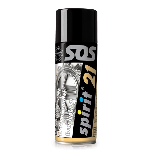 Smar lepki EP spray 400ml Spirit 21 w czarnej puszce z logo SOS i żółtym napisem spirit 21. Widoczne detale: srebrna etykieta z informacją o produkcie. Ujęcie frontalne, spray stoi pionowo na jednolitym tle.