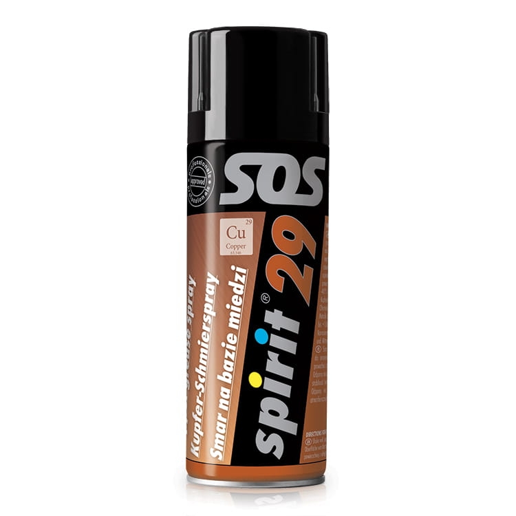 Smar na bazie miedzi w sprayu 400ml Spirit 29, w metalowej butelce, z czarną nakrętką. Etykieta w odcieniach brązu i czerni, z widocznym napisem Smar na bazie miedzi oraz symbolem miedzi (Cu). Produkt stoi w pozycji pionowej na jednolitym tle.