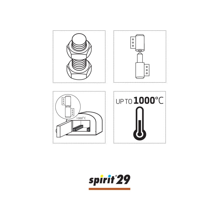 Smar na bazie miedzi w sprayu 400ml Spirit 29, z ikonami przedstawiającymi śrubę, elementy złączone, temperaturę do 1000°C oraz termometr, na białym tle z logo Spirit 29 u dołu.