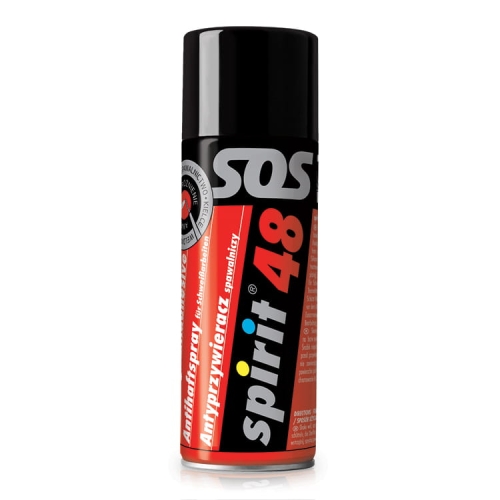 Antyprzywieracz spray 400ml Spirit 48, w metalowej butelce z czarną zakrętką. Etykieta w kolorze czerwono-szarym z białym i czarnym napisem spirit 48. Produkt przeznaczony do spawania, bez silikonu, z czytelnymi informacjami o zastosowaniu.