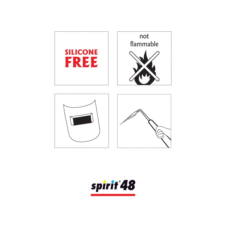 Antyprzywieracz spray 400ml Spirit 48, bez silikonu. Ikony: SILICONE FREE w czerwonym kolorze, symbol not flammable, obrazek maski spawalniczej oraz palnika spawalniczego. Logo marki spirit48 na dole.