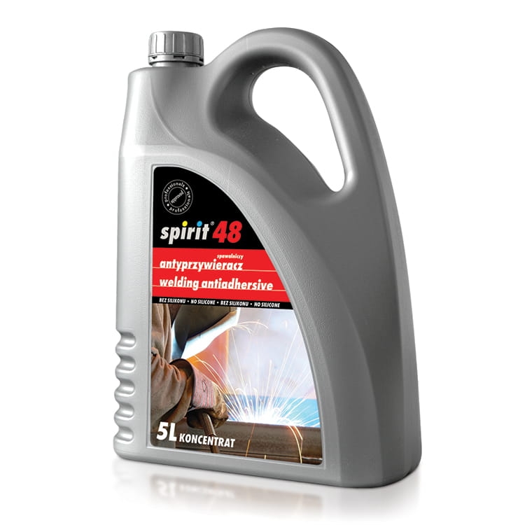 Koncentrat antyprzywieracza Spirit 48 w opakowaniu 5l, szary pojemnik z ergonomiczną rączką. Widoczny napis na etykiecie: antyprzywieracz, 5L KONCENTRAT, bez silikonu. Grafika przedstawiająca spawanie w tle.