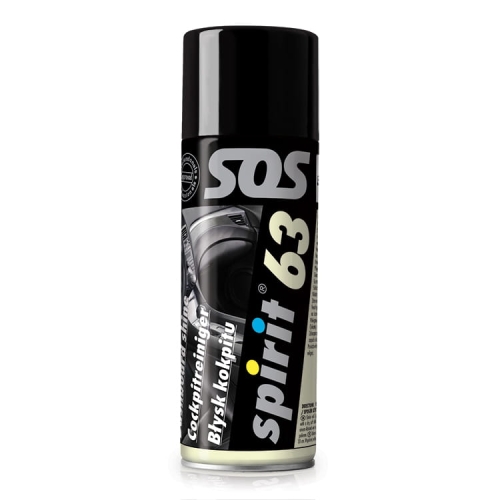 Środek konserwujący spray 400ml Spirit 63, czarny pojemnik z kolorowym napisem. Przeznaczony do nabłyszczania plastików, z czytelnym napisem Błysk kokpitu. Ujęcie z boku. Produkt w pozycji stojącej, na jednolitym tle.