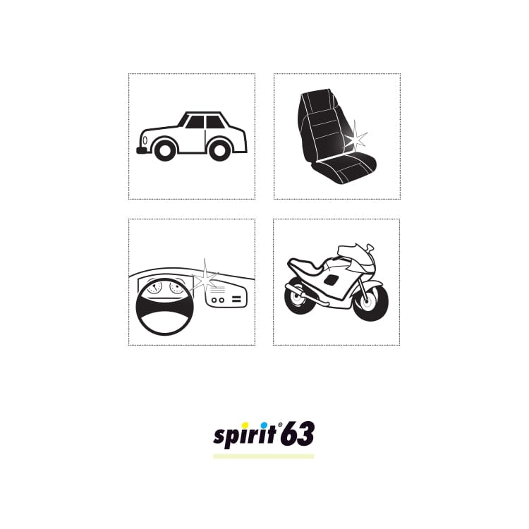 Środek konserwujący Spirit 63 w sprayu 400ml, przeznaczony do nabłyszczania plastików. Ikony przedstawiają zastosowanie na samochodzie, fotelu, desce rozdzielczej oraz motocyklu. Logo produktu widoczne na dole.