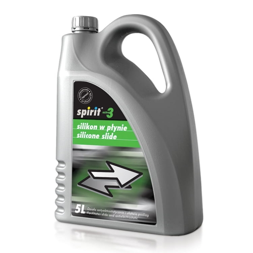 Silikon antyelektrostatyczny 5l Spirit 3 w szarej butelce z ergonomiczną rączką. Na etykiecie widoczne napisy: spirit 3, silikon w płynie, oraz strzałki w kierunku. Butelka stoi w pozycji pionowej na białym tle.