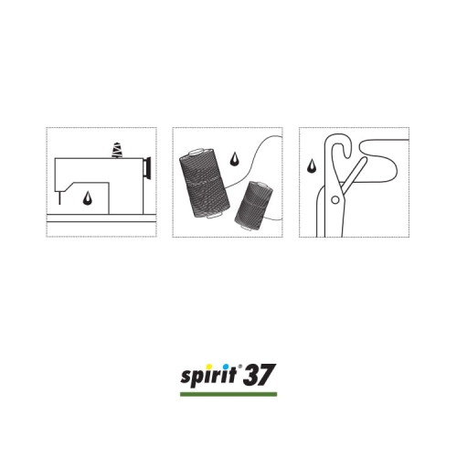 Środek do preparacji nici Spirit 37, silikonowy fluid w opakowaniu 1l. Na grafice przedstawiono trzy ikony: maszyna do szycia z kroplą, szpule z nicią oraz nożyczki z nitką, ilustrujące zastosowanie produktu.