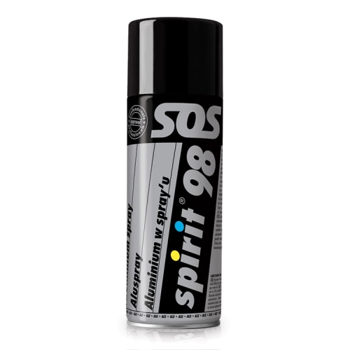 Aluminium spray 400ml Spirit 98 w czarnej, metalowej puszce. Widoczne logo SOS oraz napis Aluminium w spray''u w kolorach białym i żółtym. Puszka stoi w pozycji pionowej, z czytelnymi informacjami na etykiecie.