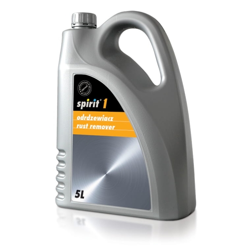 Odrdzewiacz Spirit 1 w szarej butelce o pojemności 5l, z wygodnym uchwytem. Na etykiecie widoczny napis odrdzewiacz oraz rust remover na tle metalicznego wzoru. Produkt przeznaczony do konserwacji i naprawy.