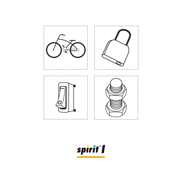 Odrdzewiacz Spirit 1 w opakowaniu 5l, z ilustracjami zastosowania: rower, zamek, włącznik, śruba. Produkt konserwujący, penetrujący i naprawczy, skuteczny w usuwaniu rdzy i ochronie metalu przed korozją.