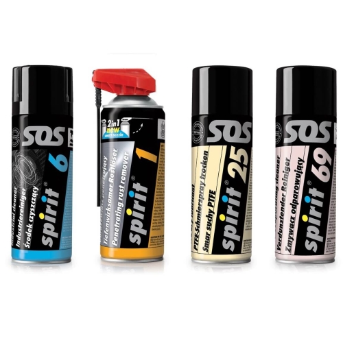 Zestaw do konserwacji roweru składający się z czterech sprayów: Spirit 1 (odrdzewiacz), Spirit 6 (czyścik), Spirit 25 (smar PTFE) oraz Spirit 69 (odparowująca zmywacz). Opakowania mają czarne etykiety z kolorowymi akcentami i czytelnymi napisami.