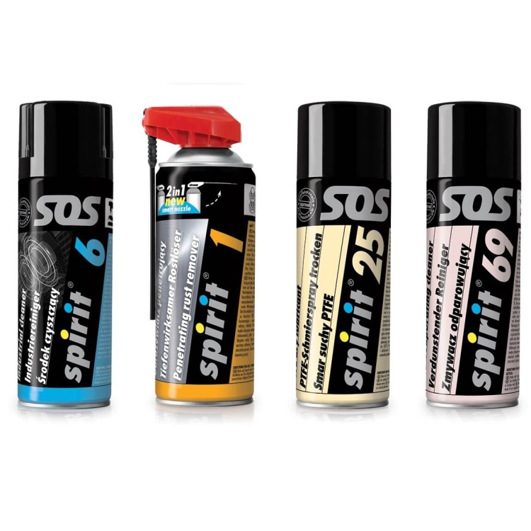 Zestaw do konserwacji roweru składający się z czterech sprayów: Spirit 1 (odrdzewiacz), Spirit 6 (czyścik), Spirit 25 (smar PTFE) oraz Spirit 69 (odparowująca zmywacz). Opakowania mają czarne etykiety z kolorowymi akcentami i czytelnymi napisami.