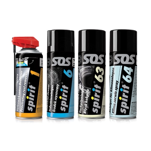 Zestaw do pielęgnacji auta Spirit składa się z czterech sprayów w czarnych opakowaniach: Penetrating Rust Remover, Industrial Cleaner, Cockpit Cleaner i Air Conditioning Spray. Każdy spray ma czytelne oznaczenia i różne funkcje czyszczące.