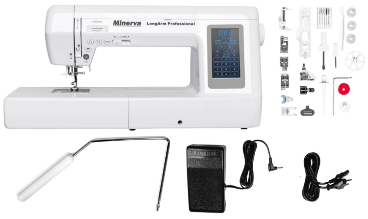 Maszyna do szycia Minerva LongArm Professional w kolorze białym, z elektronicznym panelem sterującym i wyświetlaczem. W zestawie pedał nożny, akcesoria i różne stopki. Produkt umieszczony na prostym tle, ukazujący detal i funkcjonalność maszyny.